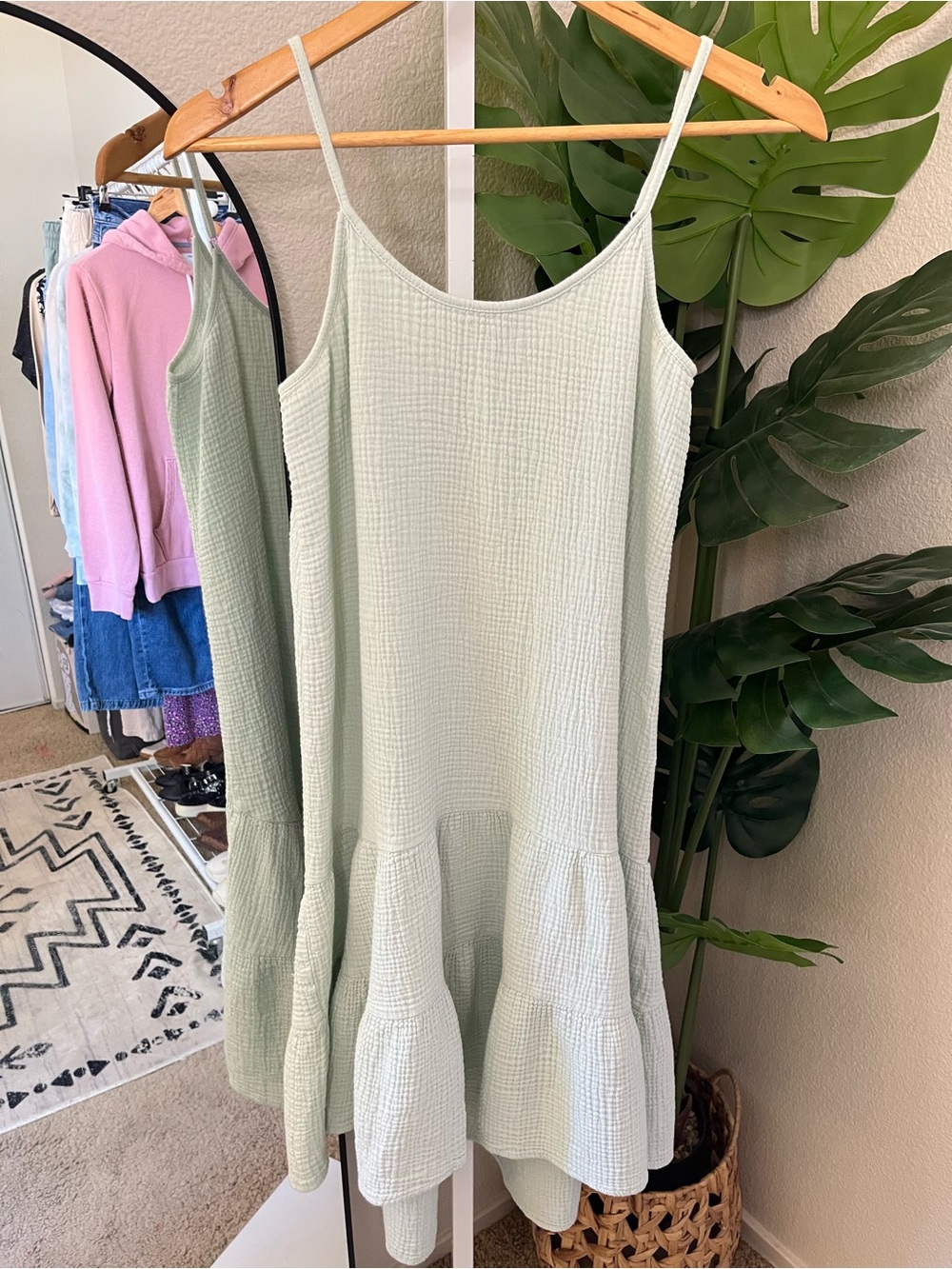 ✨ Mint Green Gauze Cotton Tiered Swing Dress Sz S | Coastal Boho Minimalist